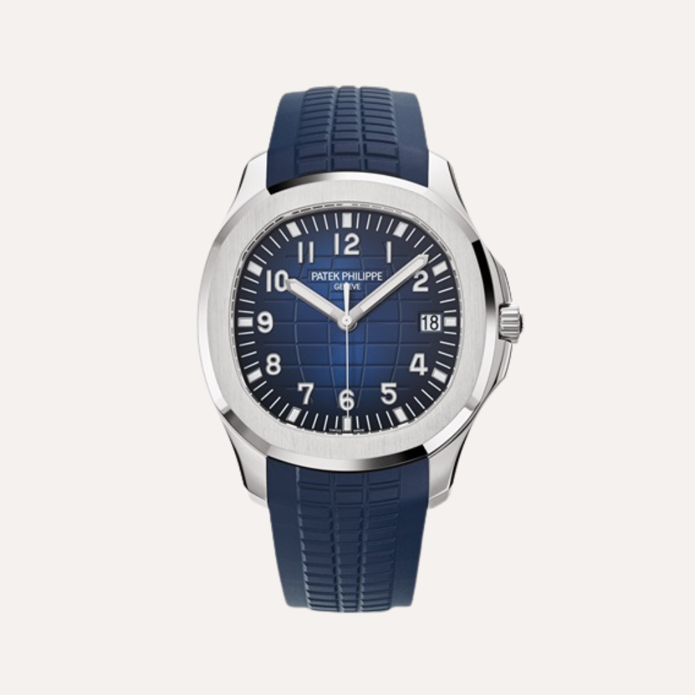 Patek Philippe Aquanaut 5168G-001 42.2mm, White Gold, Blue-Black Gradated Embossed Dial, Midnight Blue Tropical Strap, White Gold Bezel.