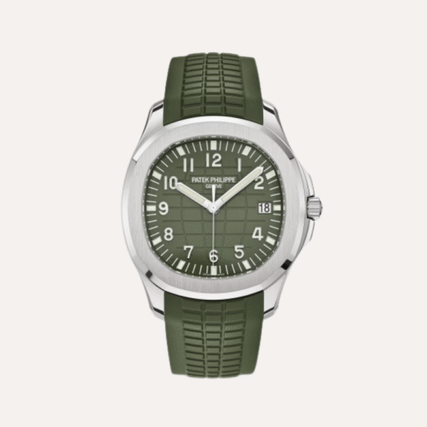 Patek Philippe Aquanaut 5168G-010 42.2mm, White Gold, Khaki Green Embossed Dial, Khaki Green Tropical Strap, White Gold Bezel.