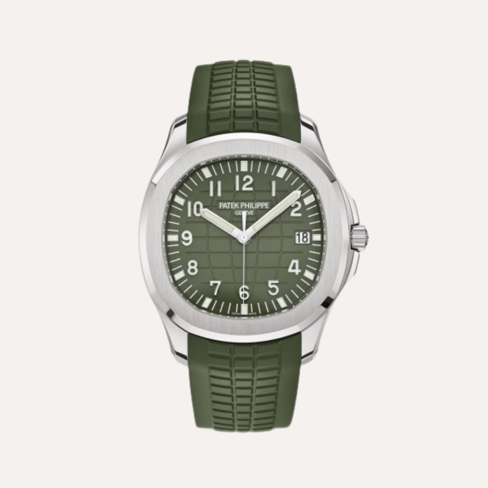Patek Philippe Aquanaut 5168G-010 42.2mm, White Gold, Khaki Green Embossed Dial, Khaki Green Tropical Strap, White Gold Bezel.