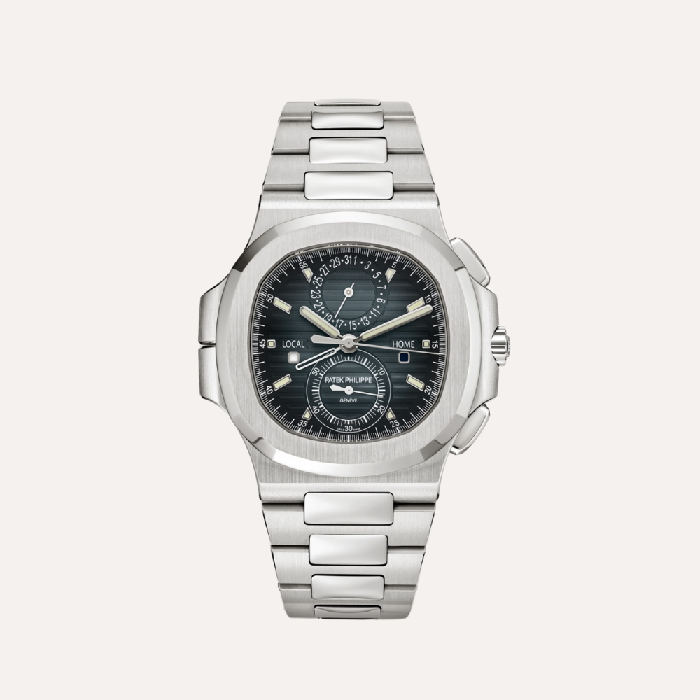 Patek Philippe Nautilus 5990/1A-011, 40.5mm, Stainless Steel, Blue Ray Sunburst Dial, Travel Time Chronograph.