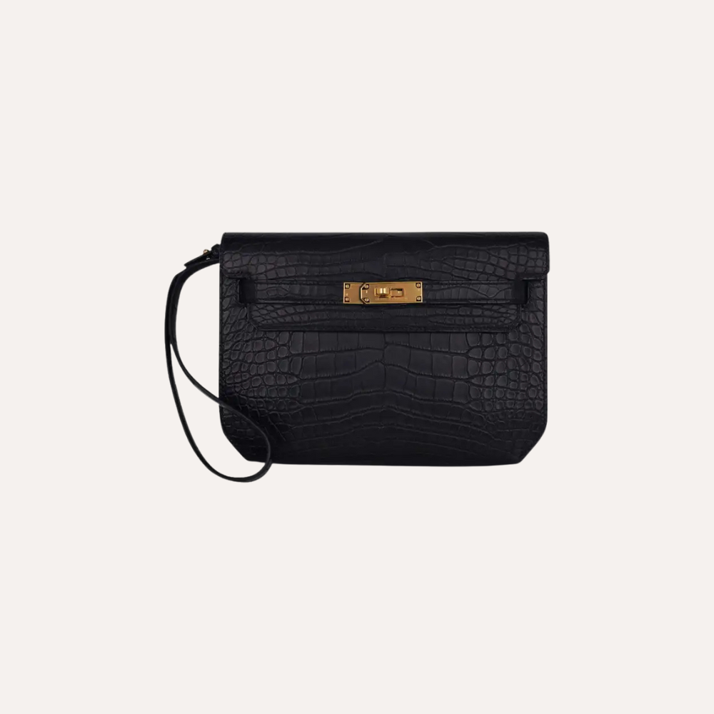 Hermes Kelly Depeche 25 Croco Black Gold Hardware