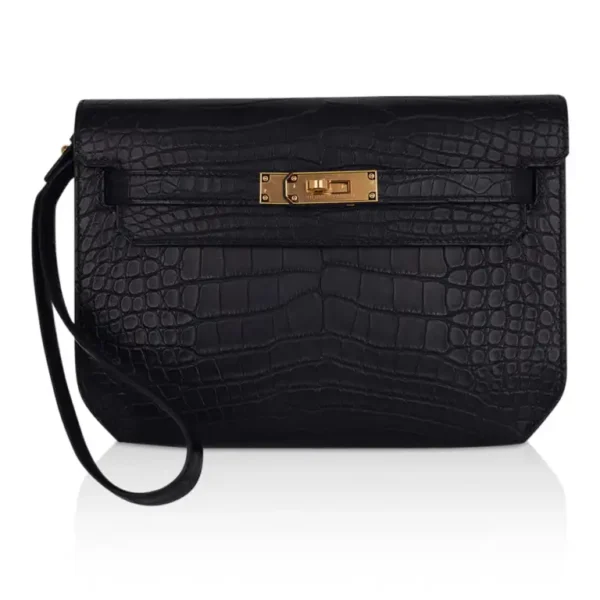 Hermes Kelly Depeche 25 Croco Black Gold Hardware