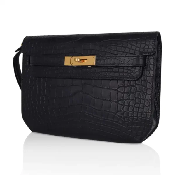 Hermes Kelly Depeche 25 Croco Black Gold Hardware