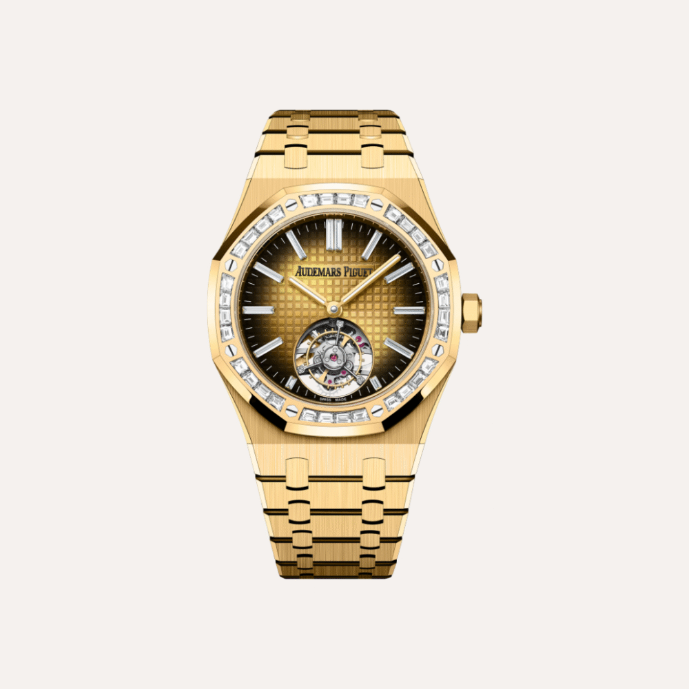Audemars Piguet Royal Oak Flying Tourbillon 41mm, Yellow Gold, Smoked Gold-Toned Dial, Baguette Diamond Bezel