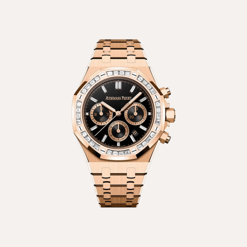 Audemars Piguet Royal Oak Selfwinding Chronograph, Pink Gold, Jet-Black Onyx Dial, Baguette-Cut Diamond Hour Markers