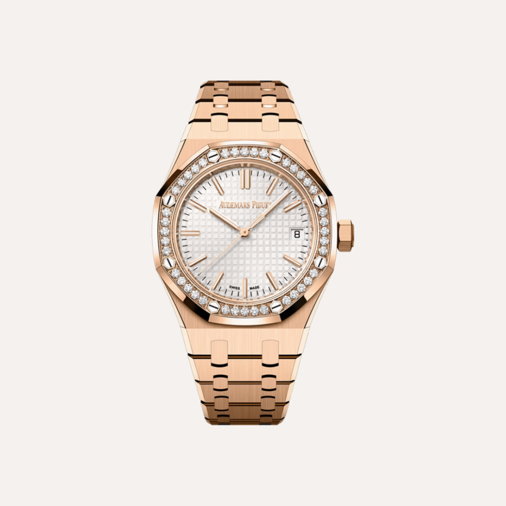 Audemars Piguet Royal Oak Selfwinding 37mm, Pink Gold, Silver-Toned "Grande Tapisserie" Dial, Diamond-Set Bezel.