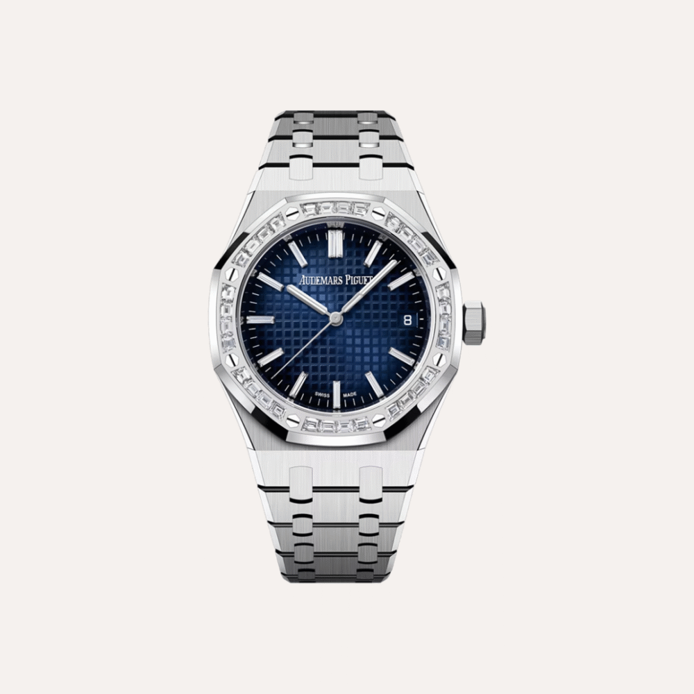 Audemars Piguet Royal Oak Selfwinding 37mm, White Gold, Smoked Blue Dial, Baguette-Cut Diamond Hour Markers.
