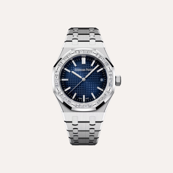 Audemars Piguet Royal Oak Selfwinding 37mm, White Gold, Smoked Blue Dial, Baguette-Cut Diamond Hour Markers.