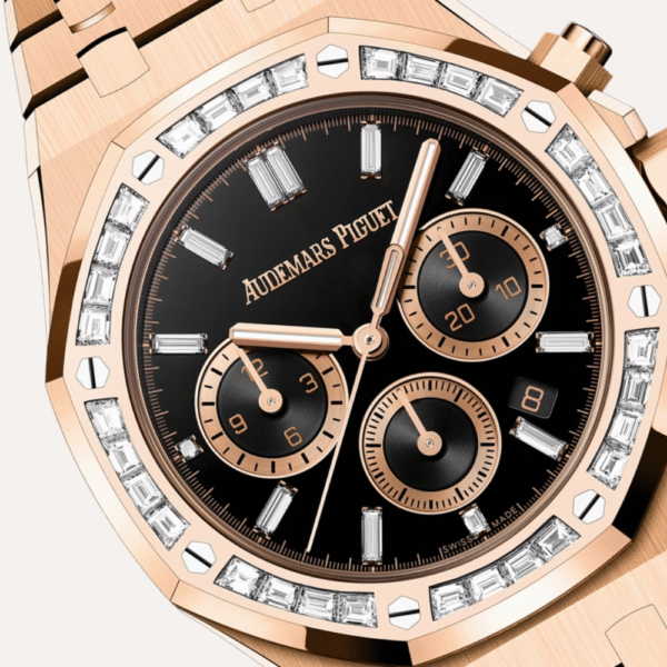 Audemars Piguet Royal Oak Selfwinding Chronograph, Pink Gold, Jet-Black Onyx Dial, Baguette-Cut Diamond Hour Markers