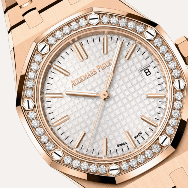 Audemars Piguet Royal Oak Selfwinding 37mm, Pink Gold, Silver-Toned "Grande Tapisserie" Dial, Diamond-Set Bezel.