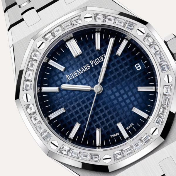 Audemars Piguet Royal Oak Selfwinding 37mm, White Gold, Smoked Blue Dial, Baguette-Cut Diamond Hour Markers.