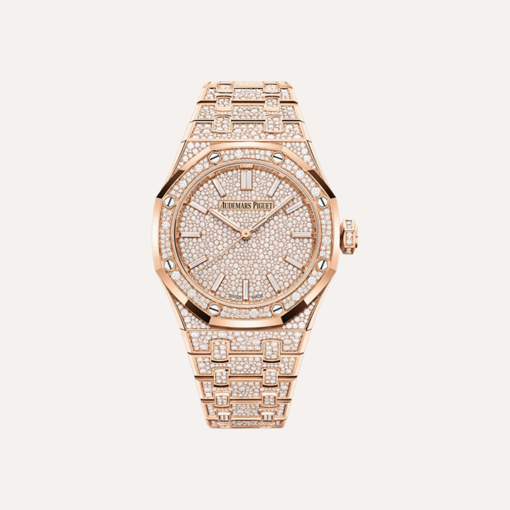 Audemars Piguet Royal Oak Selfwinding 37mm, Pink Gold, Snow-Set Brilliant-Cut Diamonds, Baguette-Cut Diamond Hour Markers