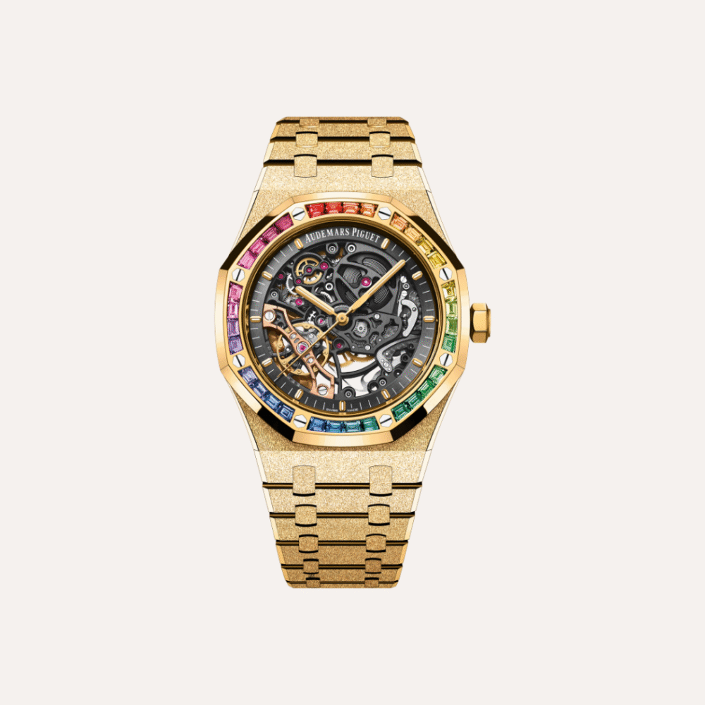 Audemars Piguet Royal Oak Frosted Gold Double Balance Wheel Openworked 41mm, Pink Gold Case & Bracelet, Baguette-Cut Multicoloured Gemstone Bezel, Slate Grey Openworked Movement.