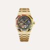 Audemars Piguet Royal Oak Frosted Gold Double Balance Wheel Openworked 41mm, Pink Gold Case & Bracelet, Baguette-Cut Multicoloured Gemstone Bezel, Slate Grey Openworked Movement.